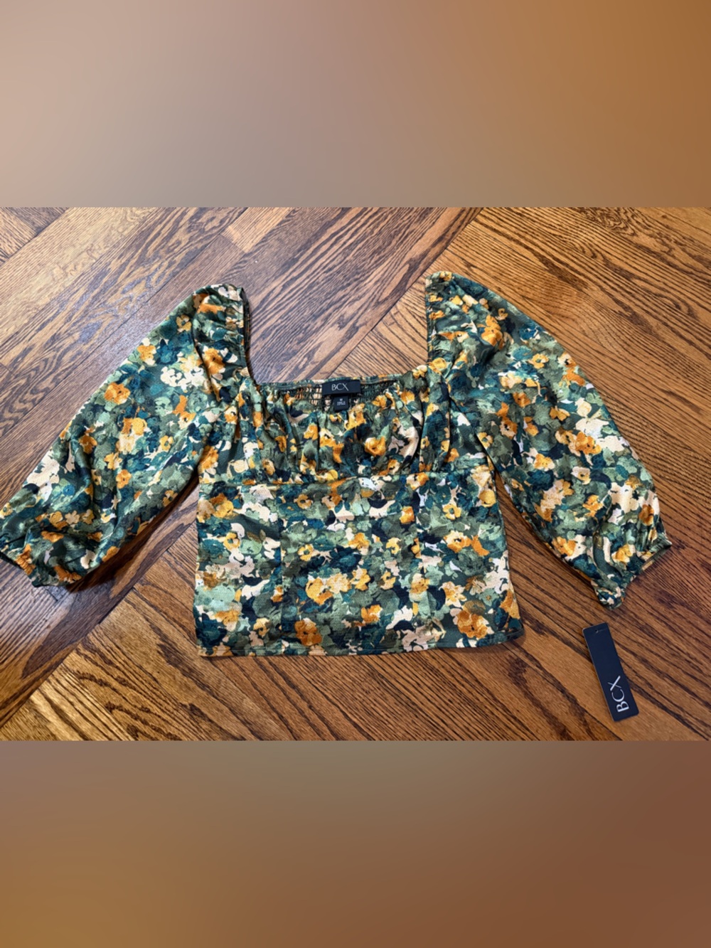 BCX Green Floral Puff-Sleeve Square-Neck Crop Top